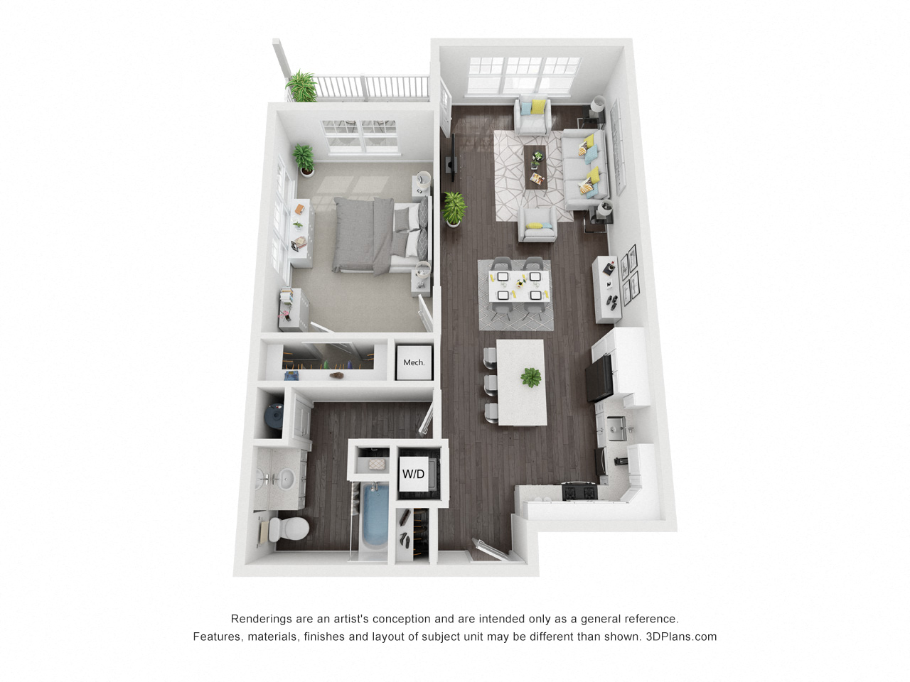 Floor plan for 1 bed, 1 bath, 865 sqft